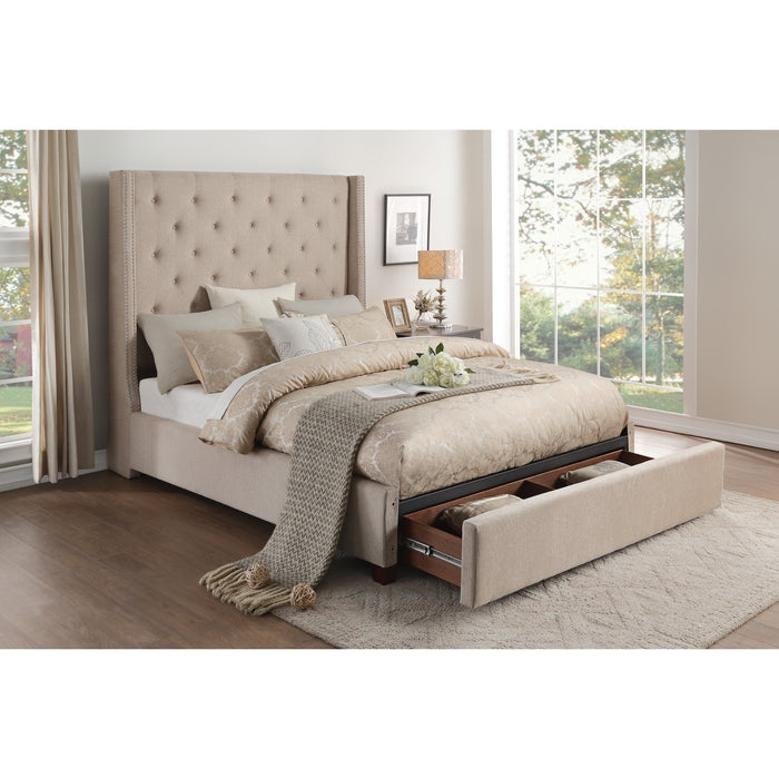 Fairborn Beige Queen Upholstered Storage Platform Bed