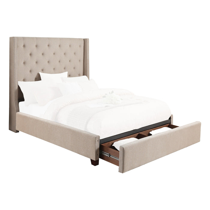 Fairborn Beige Queen Upholstered Storage Platform Bed