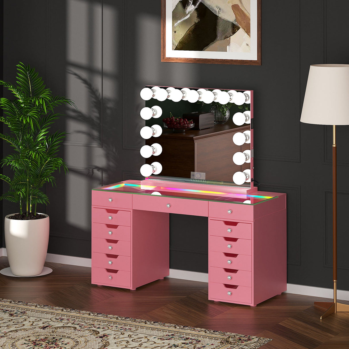 Promotion Deal! VANITII Eva-RGB Vanity Desk Set with 13 Storage Drawers and 15 Bulbs Light Mirror