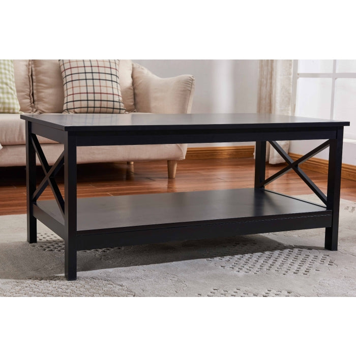 3-Piece X-Side Panel Coffee Table Set with Bottom Shelf - Black