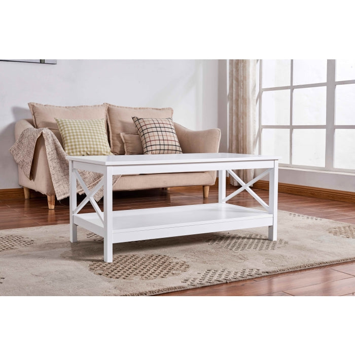 3-Piece X-Side Panel Coffee Table Set with Bottom Shelf - White