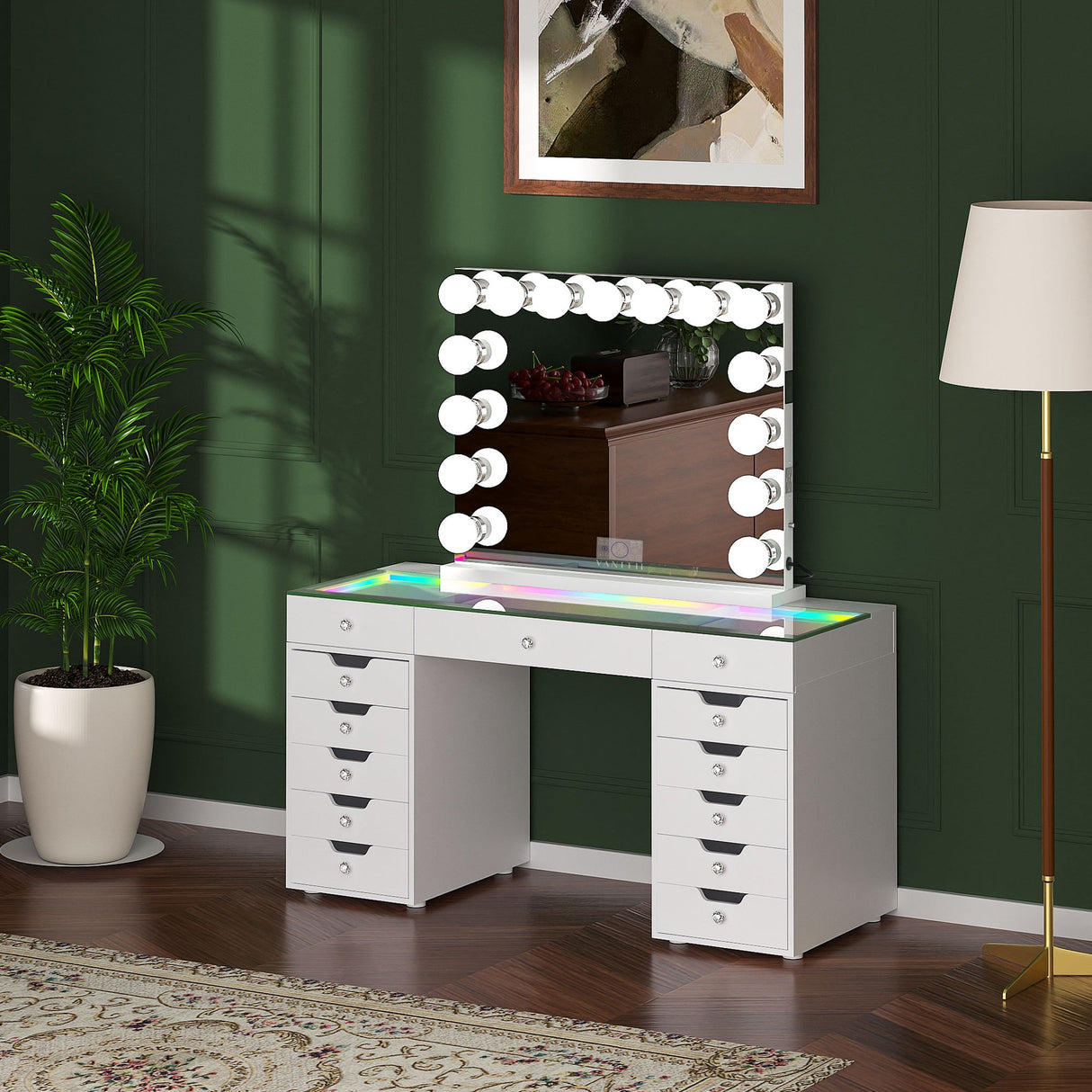 Promotion Deal! VANITII Eva-RGB Vanity Desk Set with 13 Storage Drawers and 15 Bulbs Light Mirror