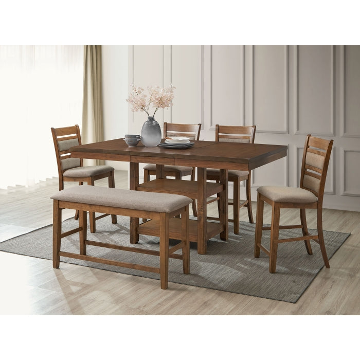 6PC BROWN Wooden Counter Height Table Set + Butterfly Leaf