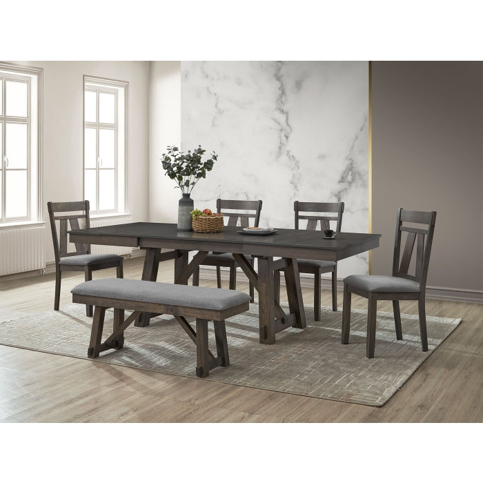 6PC GRAY Wooden Dining Table + Double Extension Leaf Set