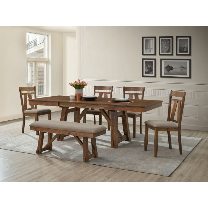 6PC BROWN Wooden Dining Table + Double Extension Leaf Set