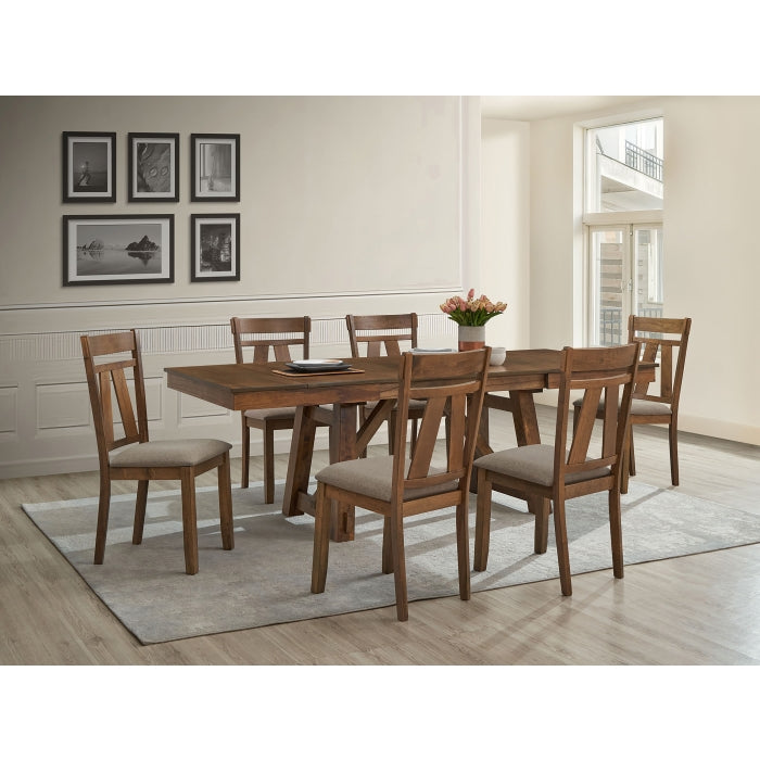 7PC BROWN Wooden Dining Table + Double Extension Leaf Set