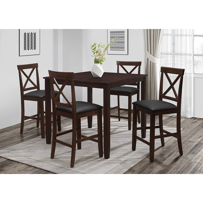 5PC ESPRESSO Wooden Square Counter Height Table Set