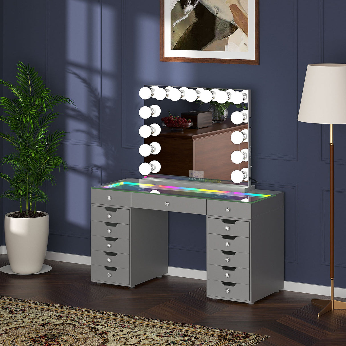 Promotion Deal! VANITII Eva-RGB Vanity Desk Set with 13 Storage Drawers and 15 Bulbs Light Mirror
