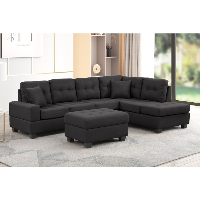 BLACK Fabric Reversible Sectional Sofa & Ottoman w/ Throw Pillows
                    -8167