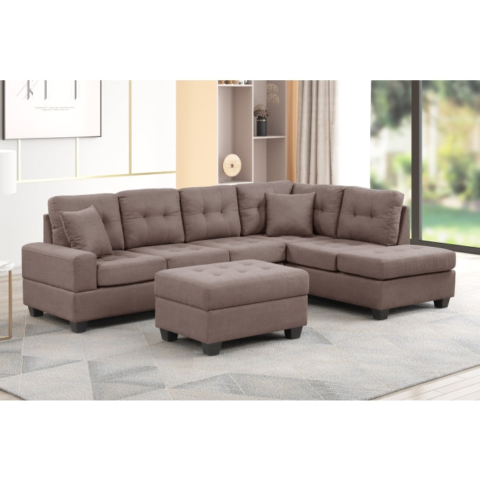 DARK BROWN Fabric Reversible Sectional Sofa & Ottoman w/ Throw Pillows
                    -8168