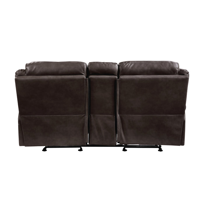 Aram Dark Brown Faux Leather Double Glider Reclining Loveseat with Center Console, Receptacles and USB Ports