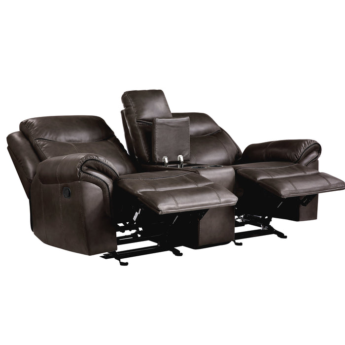 Aram Dark Brown Faux Leather Double Glider Reclining Loveseat with Center Console, Receptacles and USB Ports