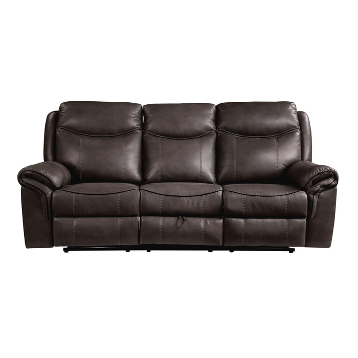 Aram Dark Brown Faux Leather Double Reclining Sofa with Center Drop-Down Cup Holders, Receptacles, Hidden Drawer and USB Ports