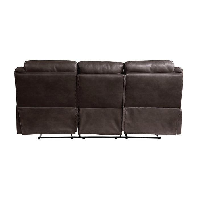 Aram Dark Brown Faux Leather Double Reclining Sofa with Center Drop-Down Cup Holders, Receptacles, Hidden Drawer and USB Ports