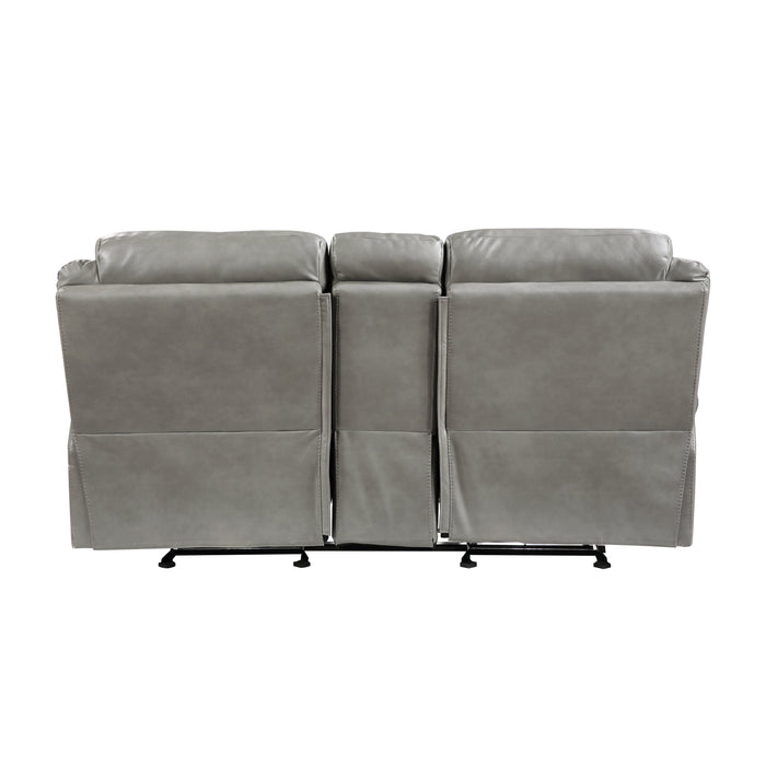 Aram Gray Faux Leather Double Glider Reclining Loveseat with Center Console, Receptacles and USB Ports