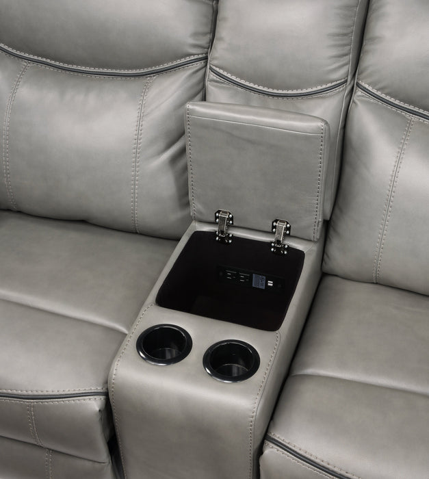 Aram Gray Faux Leather Double Glider Reclining Loveseat with Center Console, Receptacles and USB Ports