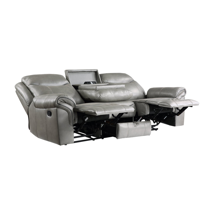 Aram Gray Faux Leather Double Reclining Sofa with Center Drop-Down Cup Holders, Receptacles, Hidden Drawer and USB Ports