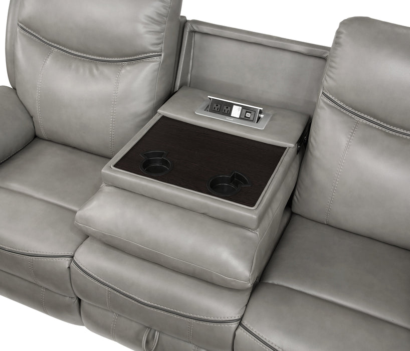 Aram Gray Faux Leather Double Reclining Sofa with Center Drop-Down Cup Holders, Receptacles, Hidden Drawer and USB Ports