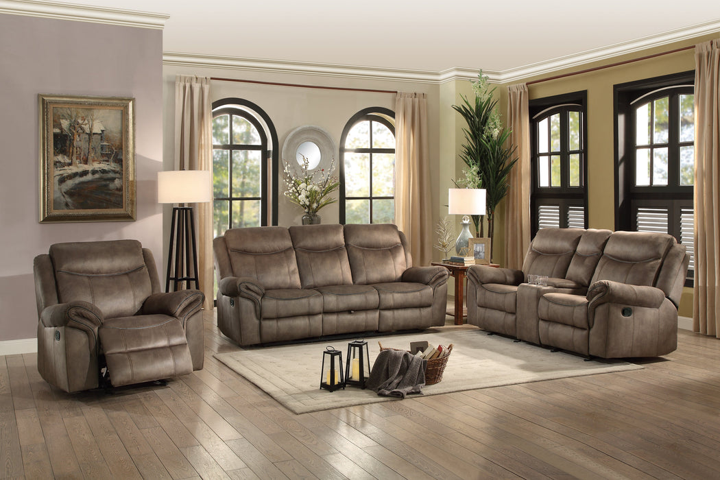 Aram Brown Fabric Double Glider Reclining Loveseat with Center Console, Receptacles and USB Ports