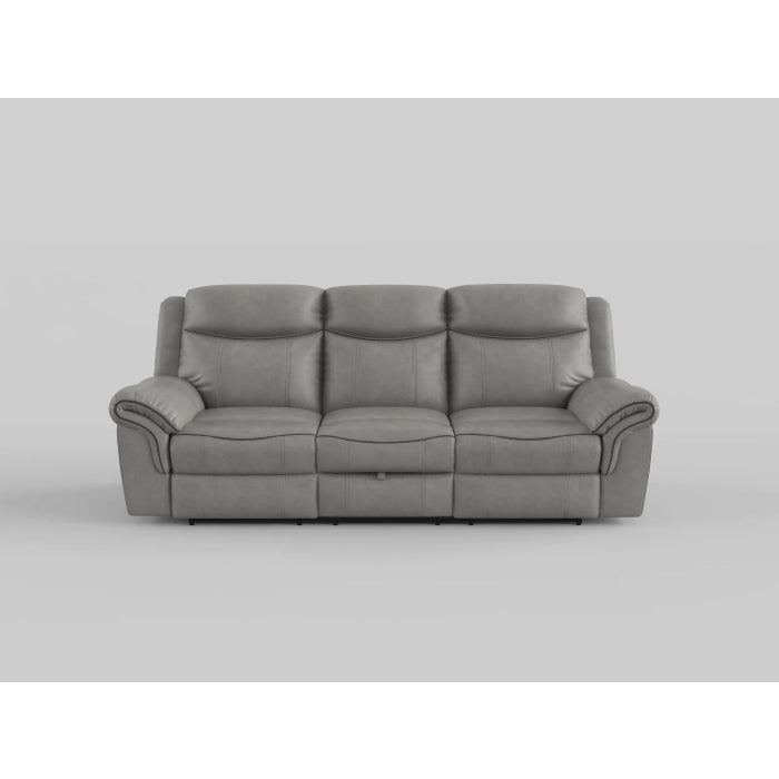 Aram Brown Fabric Double Reclining Sofa with Center Drop-Down Cup Holders, Receptacles, Hidden Drawer and USB Ports