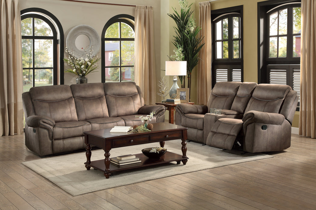 Aram Brown Fabric Double Reclining Sofa with Center Drop-Down Cup Holders, Receptacles, Hidden Drawer and USB Ports