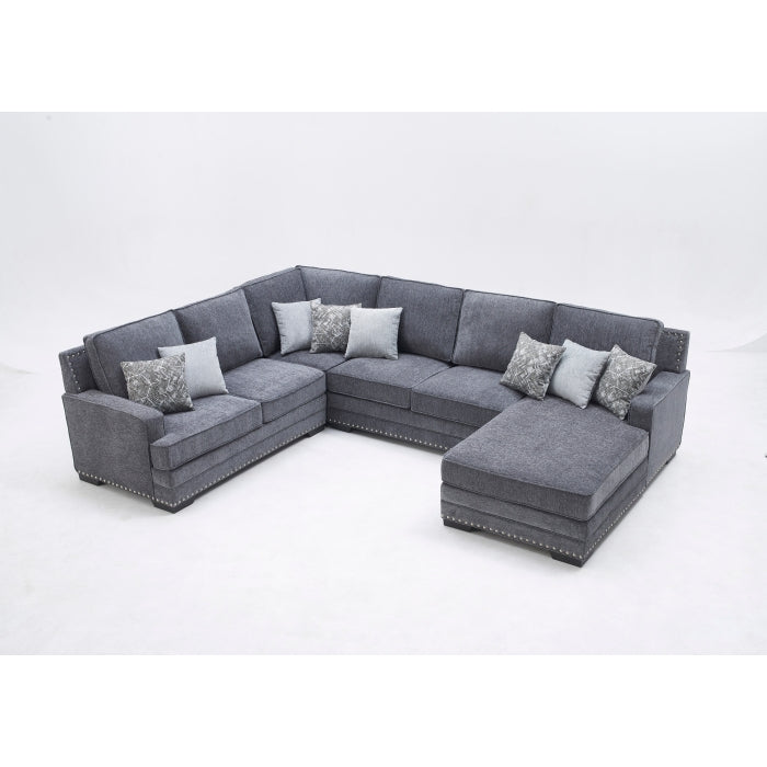 DARK GRAY RHF Fabric U-Shaped Stationary Sectional Sofa w/ Chaise + Pillows-8210