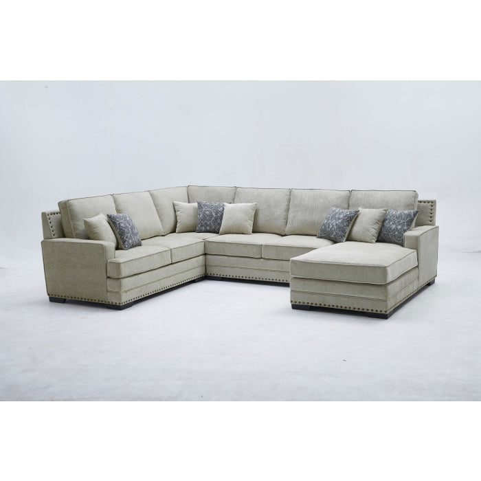 TAUPE RHF Fabric U-Shaped Stationary Sectional Sofa w/ Chaise + Pillows-8211