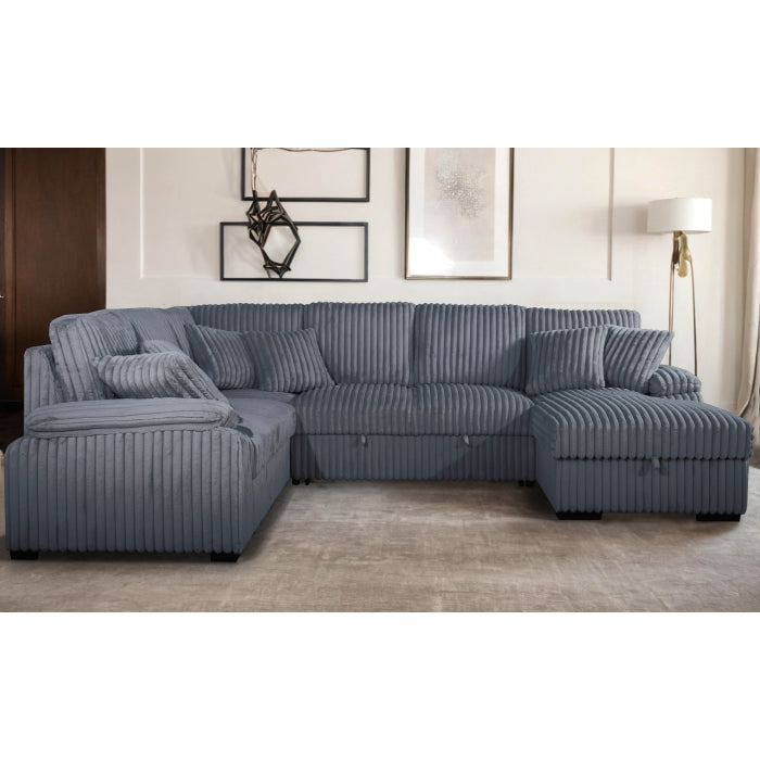 DARK GRAY RHF Fabric U-Shaped Pull Out Sectional Sofa w/ Storage Chaise + Pillows-8221