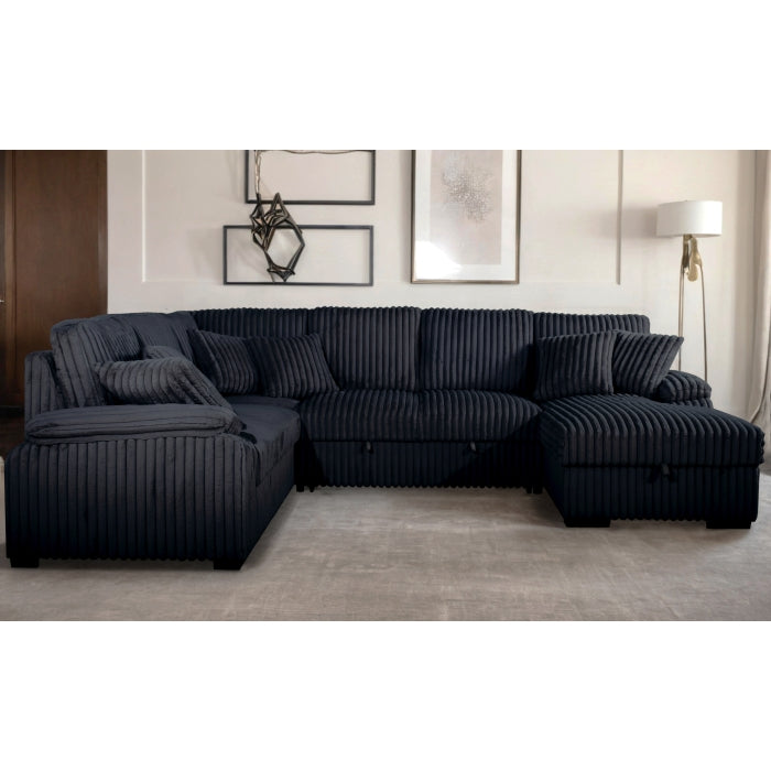 BLACK RHF Fabric U-Shaped Pull Out Sectional Sofa w/ Storage Chaise + Pillows-8223