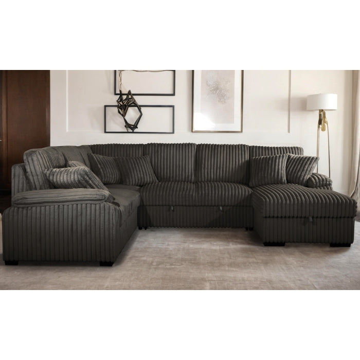 CHOCOLATE RHF Fabric U-Shaped Pull Out Sectional Sofa w/ Storage Chaise + Pillows-8225