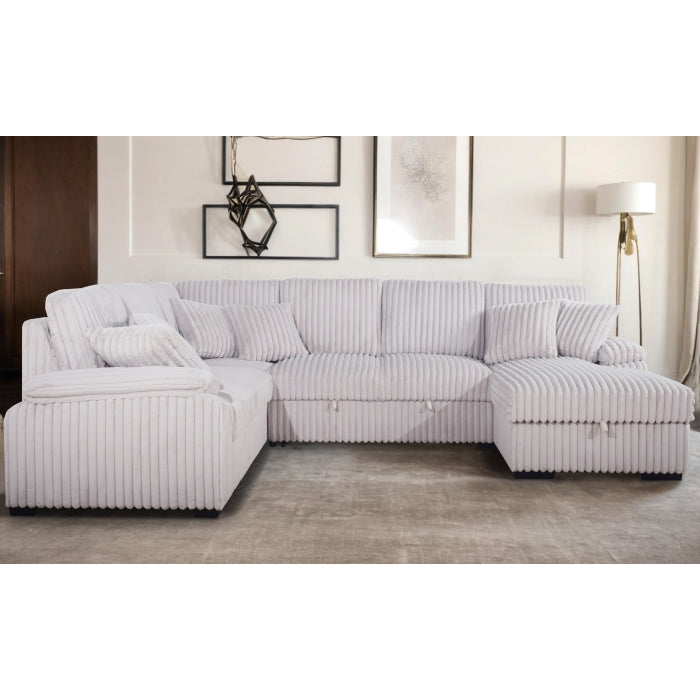 BEIGE RHF Fabric U-Shaped Pull Out Sectional Sofa w/ Storage Chaise + Pillows-8226