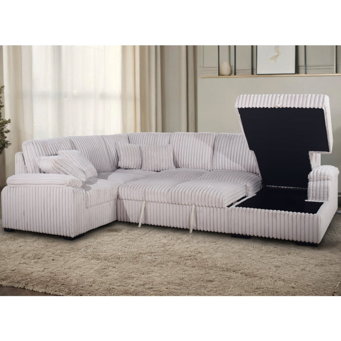 BEIGE RHF Fabric U-Shaped Pull Out Sectional Sofa w/ Storage Chaise + Pillows-8226