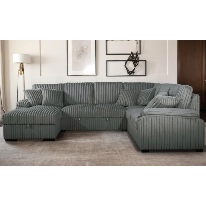 GRAY LHF Fabric U-Shaped Pull Out Sectional Sofa w/ Storage Chaise + Pillows-8235