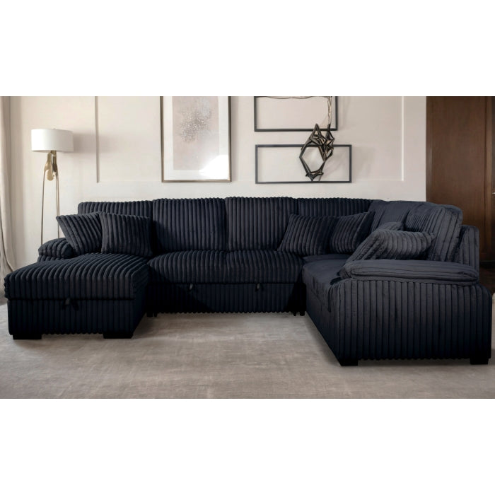 BLACK LHF Fabric U-Shaped Pull Out Sectional Sofa w/ Storage Chaise + Pillows-8236