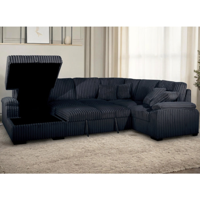 BLACK LHF Fabric U-Shaped Pull Out Sectional Sofa w/ Storage Chaise + Pillows-8236