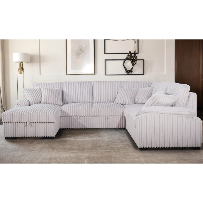 BEIGE LHF Fabric U-Shaped Pull Out Sectional Sofa w/ Storage Chaise + Pillows-8238