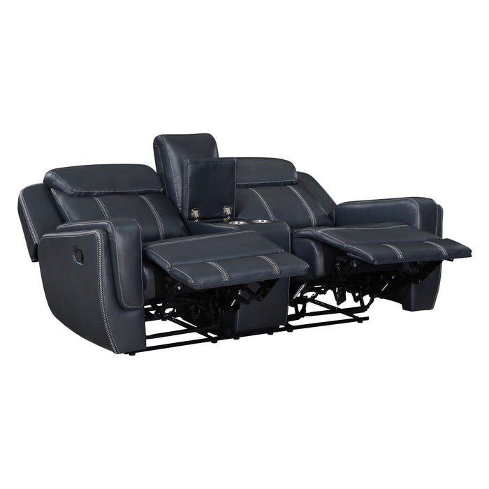 Littleton Blue Double Reclining Love Seat with Center Console, Receptacles and USB Ports