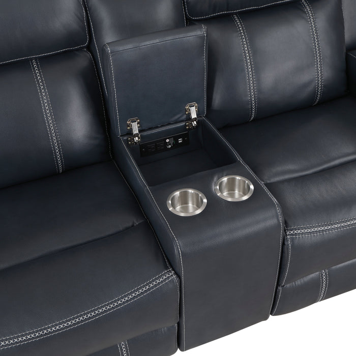 Littleton Blue Double Reclining Love Seat with Center Console, Receptacles and USB Ports