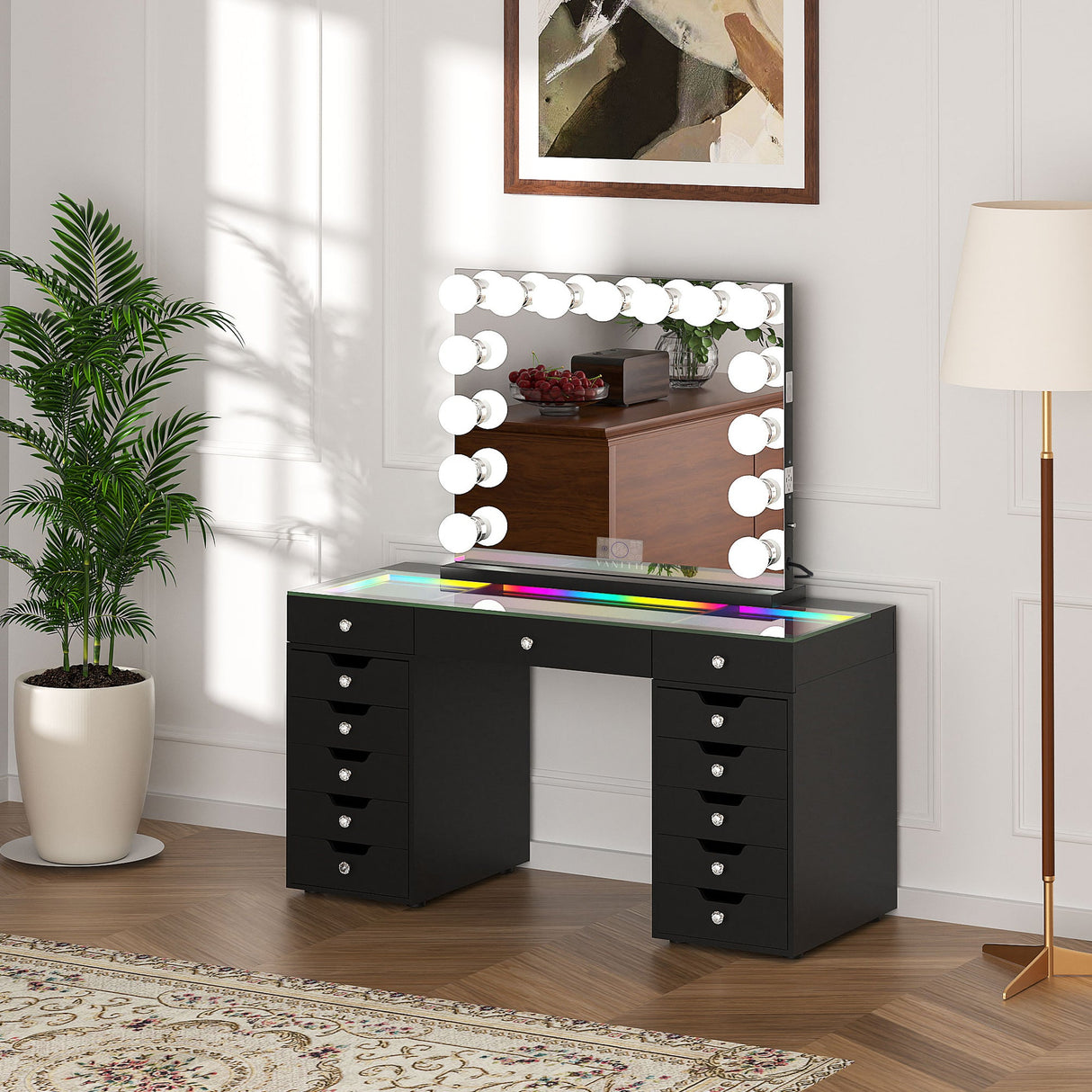 Promotion Deal! VANITII Eva-RGB Vanity Desk Set with 13 Storage Drawers and 15 Bulbs Light Mirror