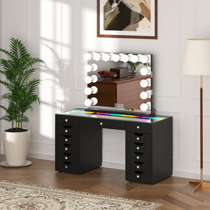 Promotion Deal! VANITII Eva-RGB Vanity Desk Set with 13 Storage Drawers and 15 Bulbs Light Mirror