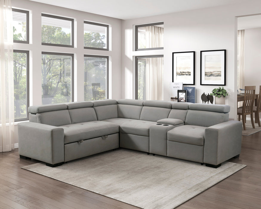 Farrah Light Gray 3-Piece Sectional with Adjustable Headrests, Pull-out Bed and Console