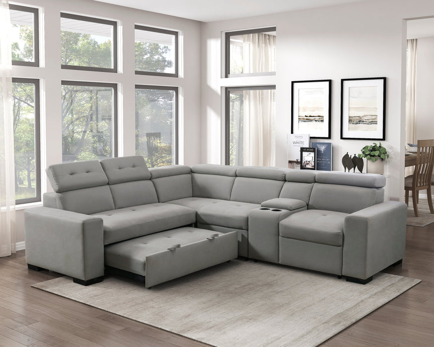 Farrah Light Gray 3-Piece Sectional with Adjustable Headrests, Pull-out Bed and Console