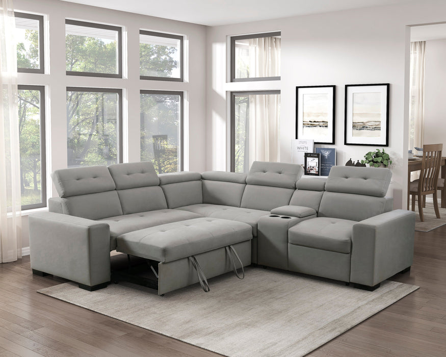 Farrah Light Gray 3-Piece Sectional with Adjustable Headrests, Pull-out Bed and Console