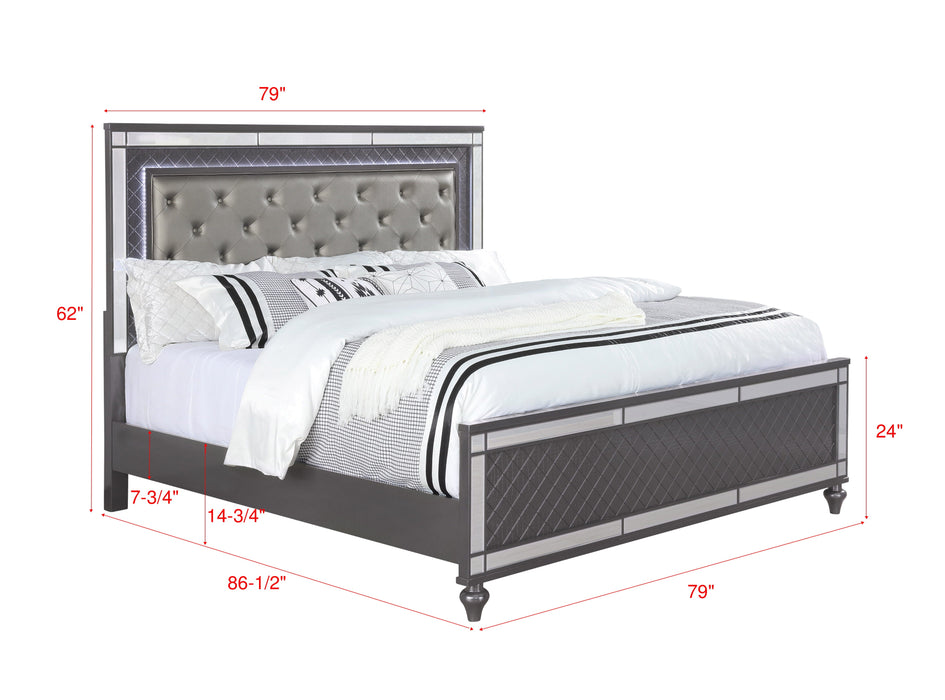 Refino Gray King LED Upholstered Panel Bed