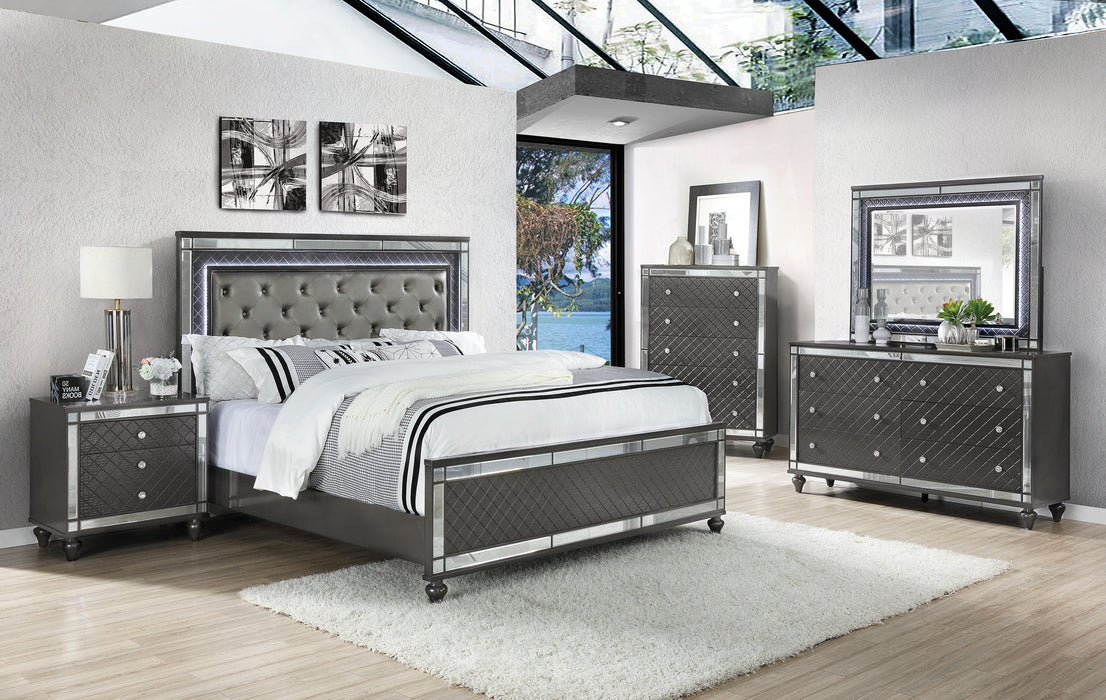 Refino Gray King LED Upholstered Panel Bed