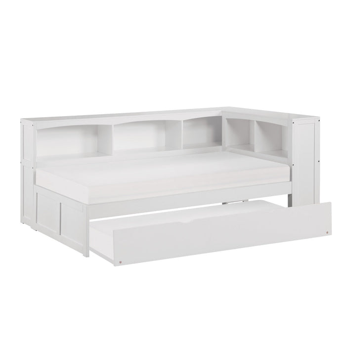 Galen White Twin Bookcase Corner Bed with Twin Trundle