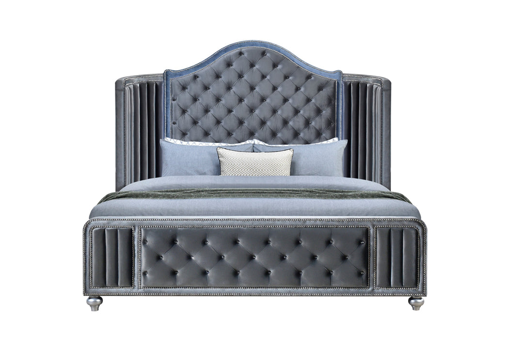 Cameo Gray King Upholstered Wingback Panel Bed