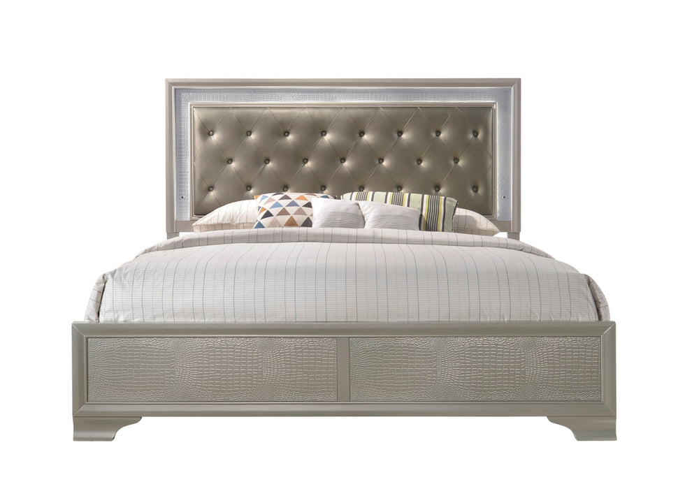 Lyssa Champagne King LED Upholstered Panel Bed