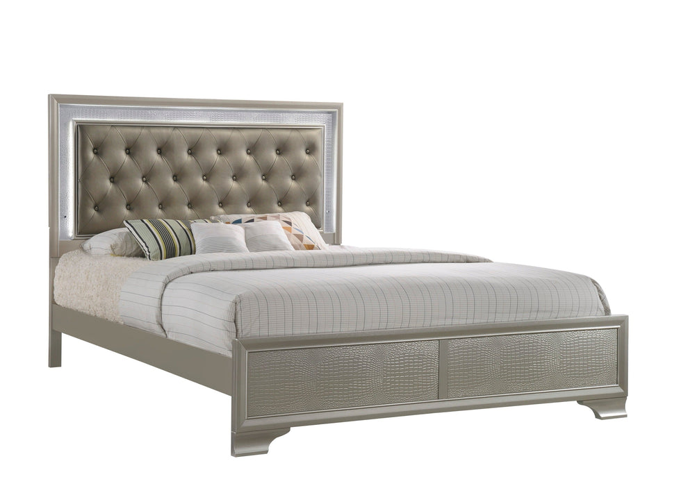 Lyssa Champagne King LED Upholstered Panel Bed