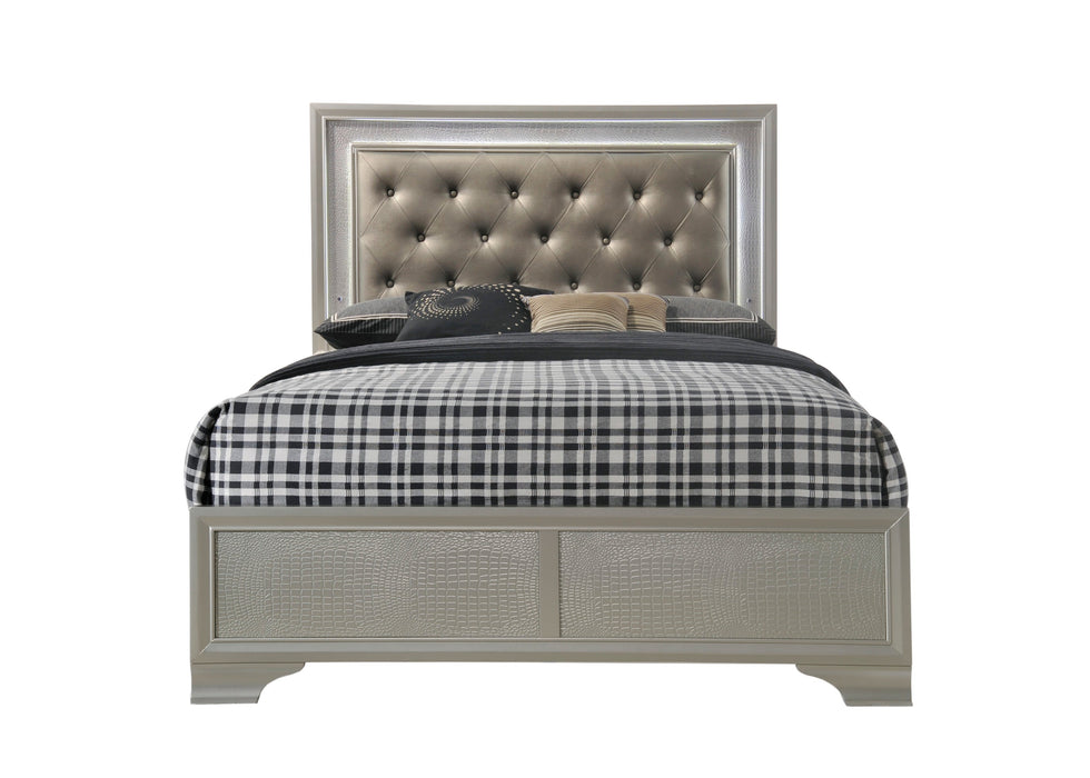 Lyssa Champagne Queen LED Upholstered Panel Bed